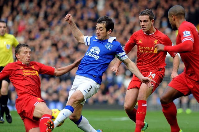 Leighton Baines pictured during the Merseyside derby which ended 3-3
