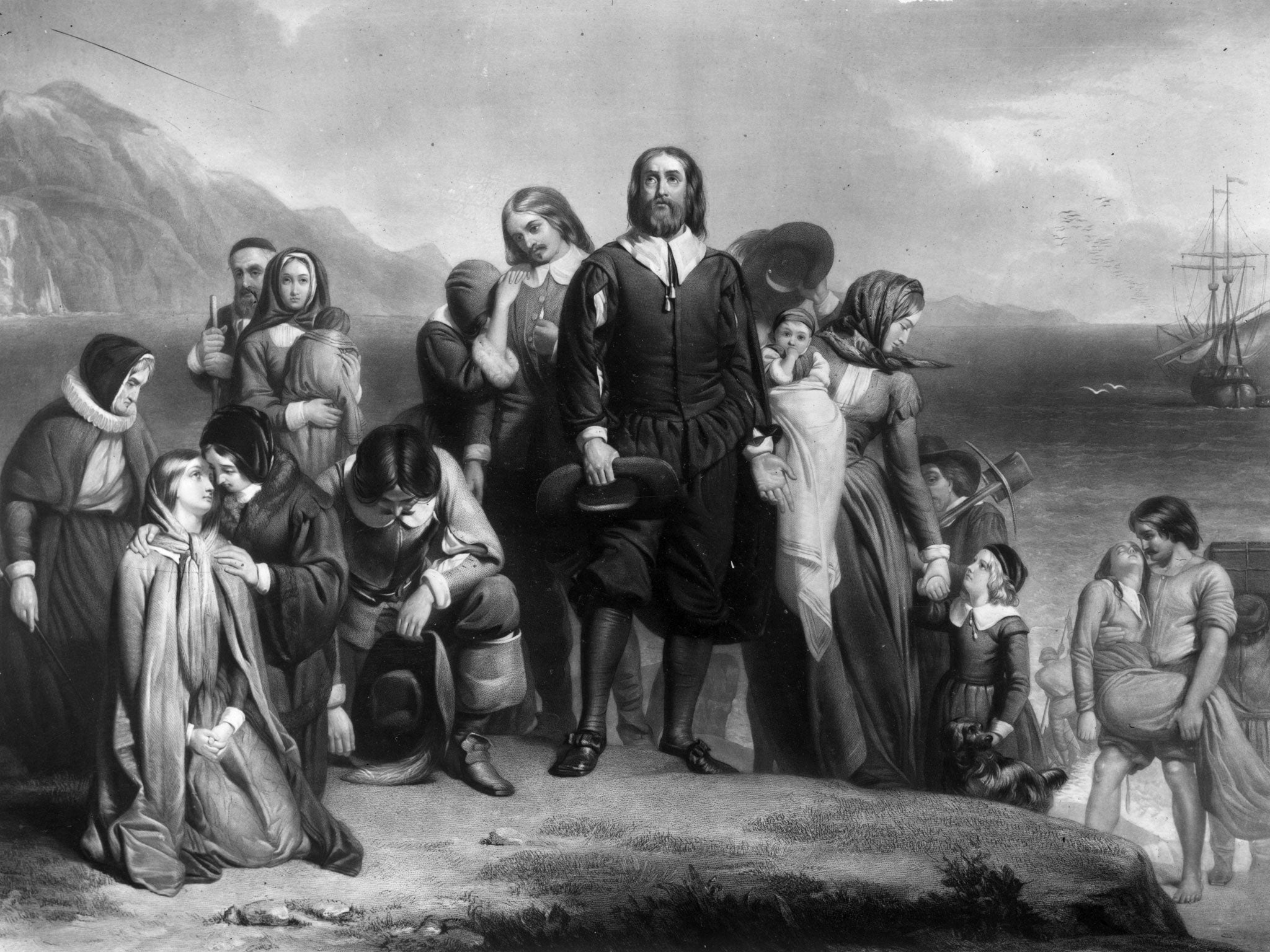 19th November 1620, The Pilgrim Fathers arriving on the Mayflower and landing in New England, where they founded the Plymouth Colony