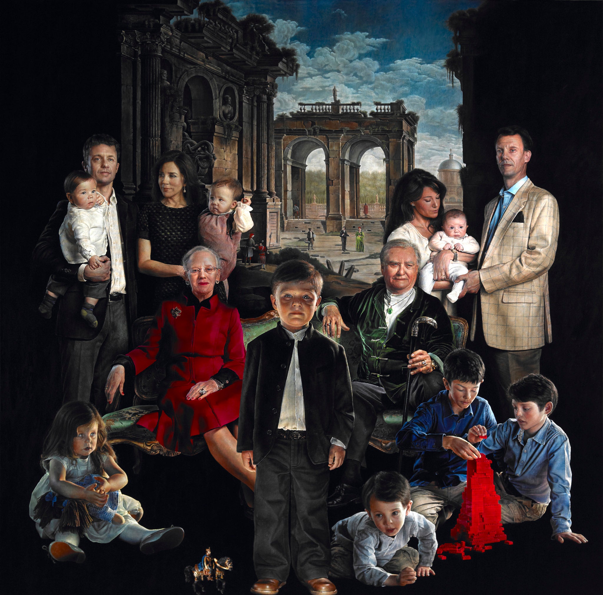 From left to right are: Princess Isabella, Crown Prince Frederik holding Prince Vincent, Princess Mary holding Princess Josephine, Queen Margrethe II, Prince Christian, Queen Margrethe’s husband Prince Henrik, Prince Henrik – son of Joachim, Princess Mari