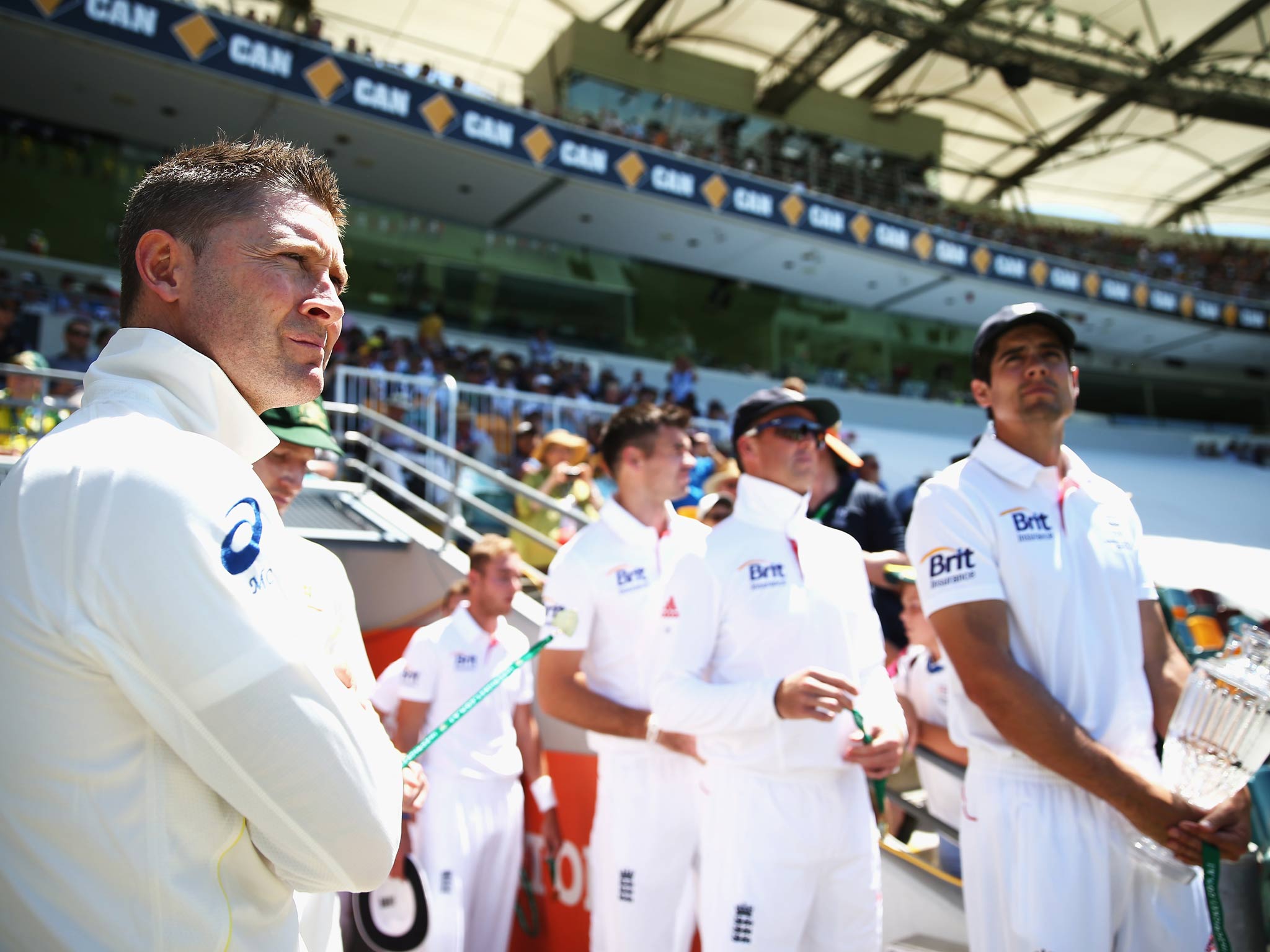 Michael Clarke of Australia and Alastair Cook of England look on before day one of the First Ashes Test