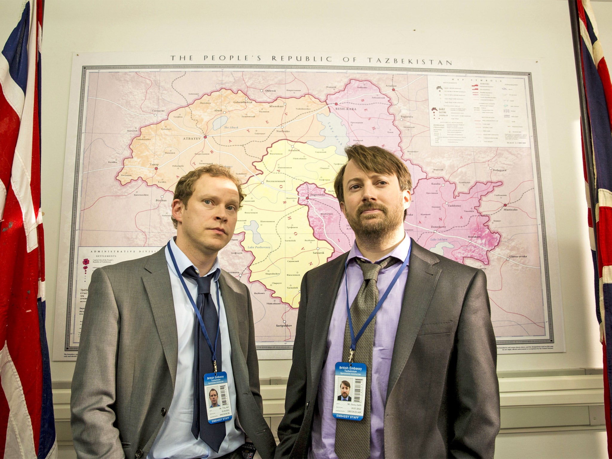 In the recent BBC sitcom ‘Ambassadors’, starring Robert Webb and David Mitchell as Britain’s representatives in the fictional Republic of Tazbekistan, Mitchell (right, with Webb) needed lessons in the Tazbek language