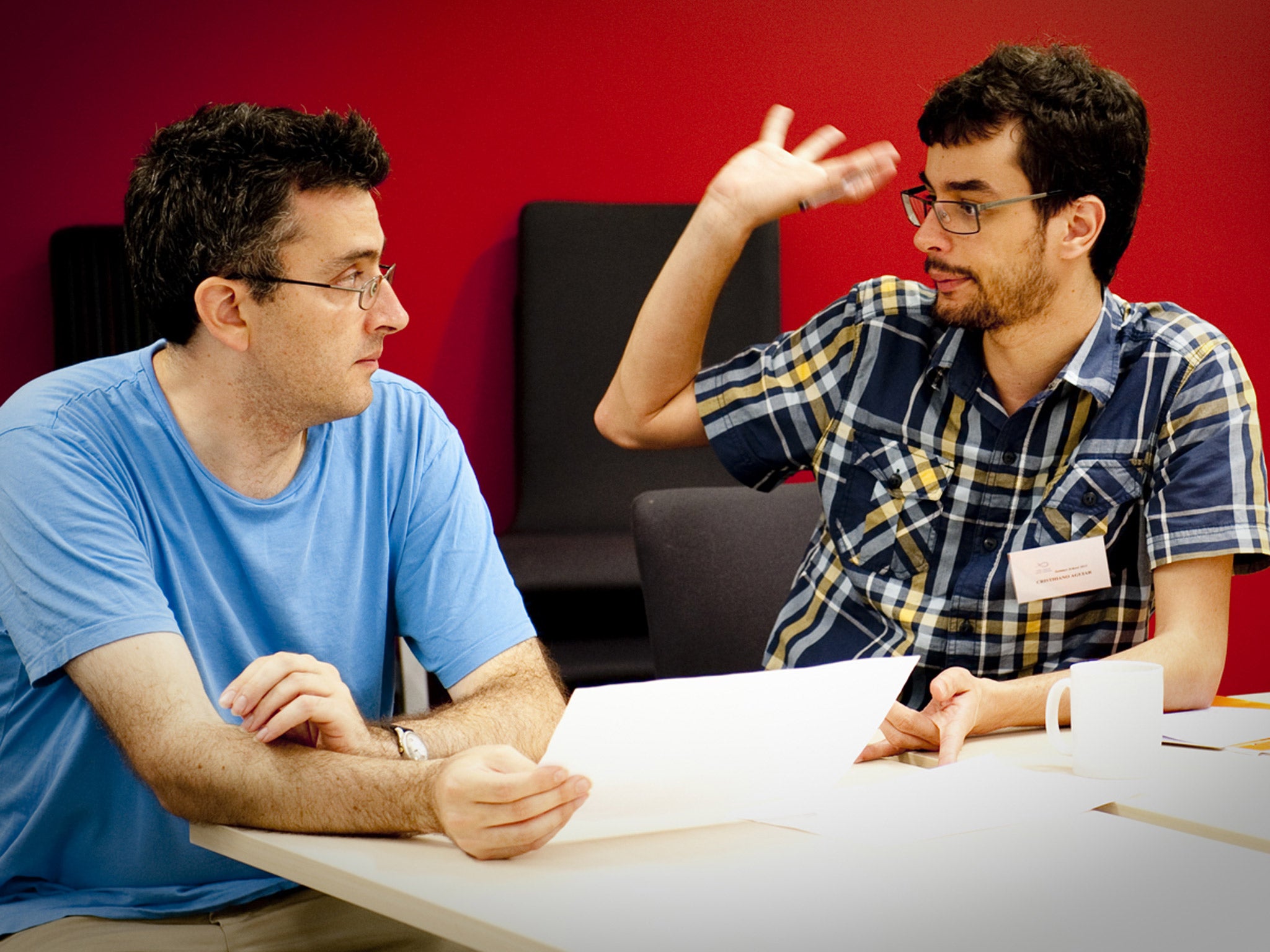Found in translation: Daniel Hahn (left) stares down a wordy foe in a duel