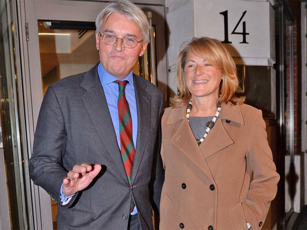 Andrew Mitchell and his wife, Dr Sharon Bennett, leave the press conference