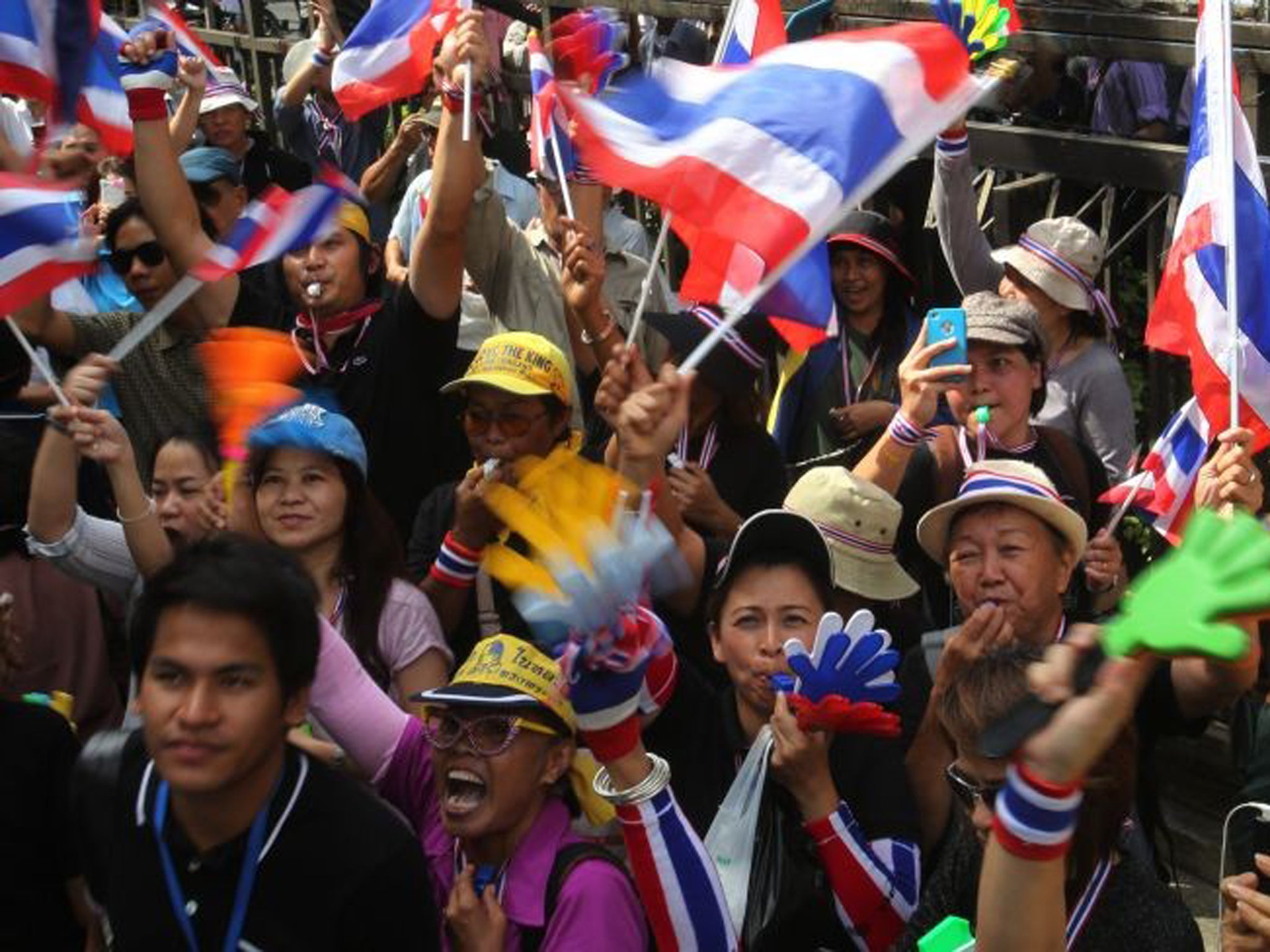 Anti-government protesters blow whistles and wave national flags as they gather outside the Industry Ministry in Bangkok