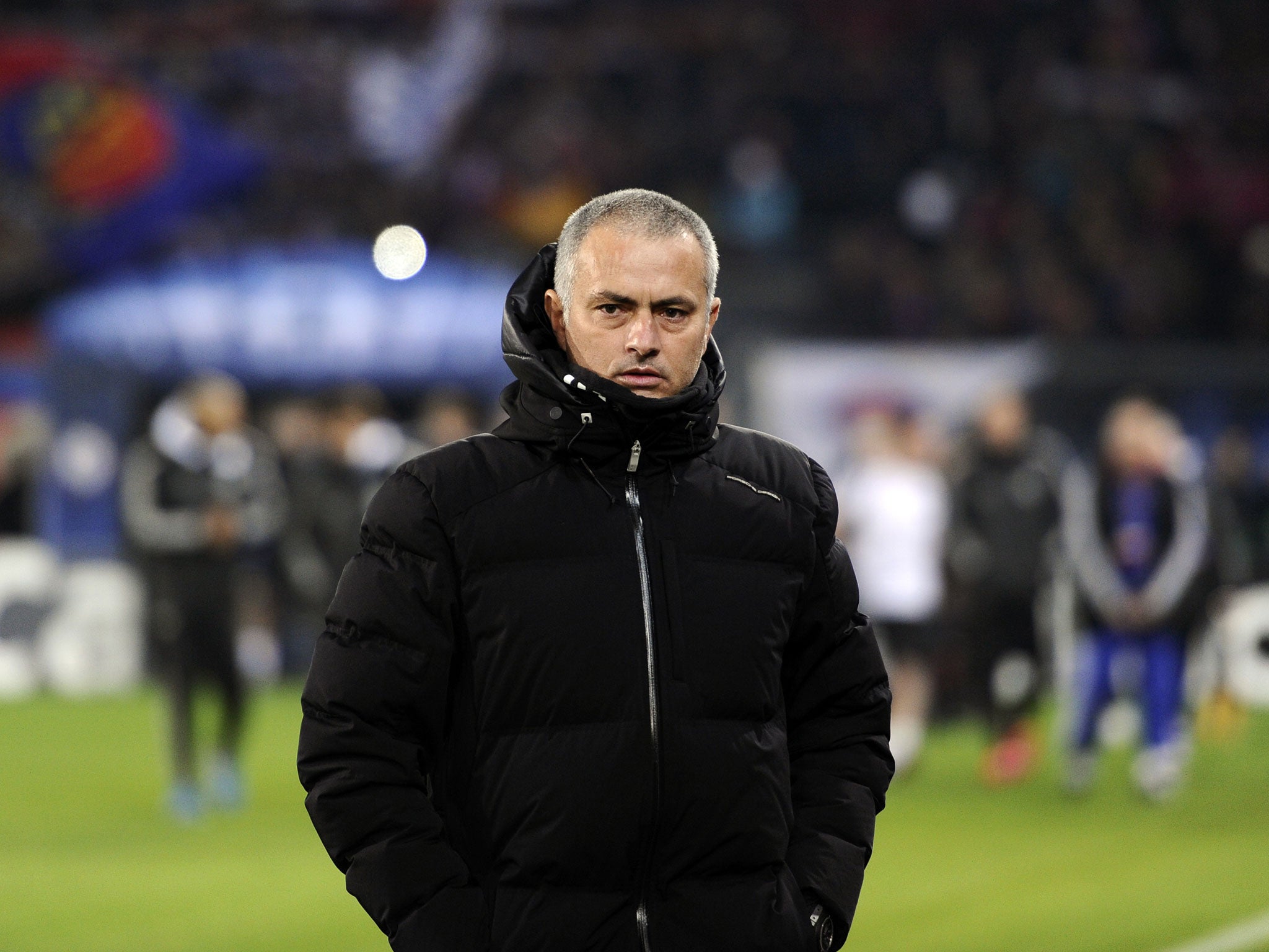 Jose Mourinho leaves the St Jakob-Park pitch after Chelsea's 1-0 defeat to Basel