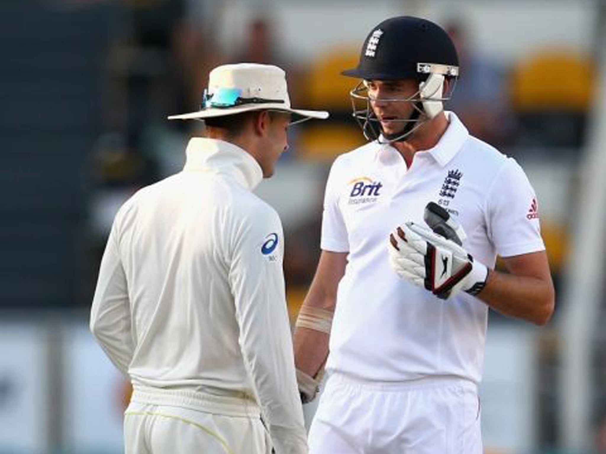 Aussie captain Michael Clarke, left, courteously advised our own Jimmy Anderson to 'get ready for a broken f****** arm'