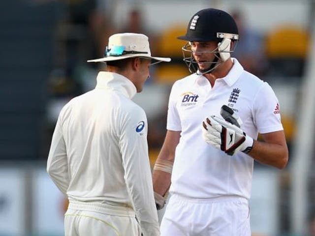 Aussie captain Michael Clarke, left, courteously advised our own Jimmy Anderson to 'get ready for a broken f****** arm'