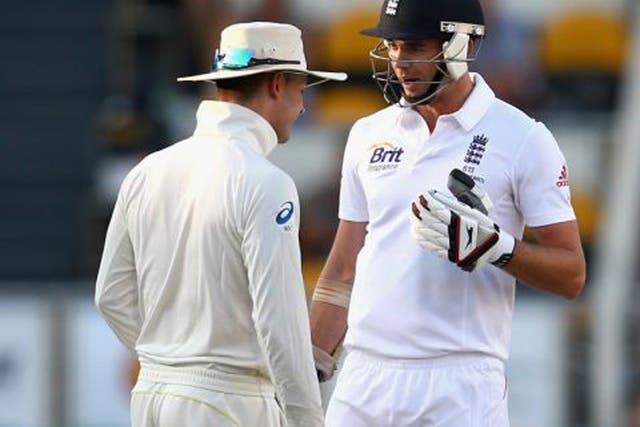Aussie captain Michael Clarke, left, courteously advised our own Jimmy Anderson to 'get ready for a broken f****** arm'