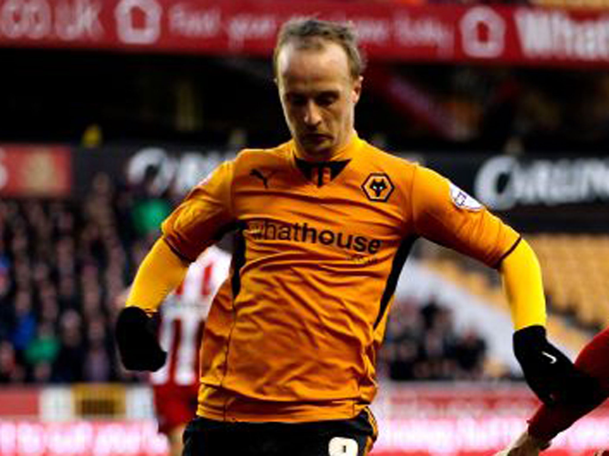 Leigh Griffiths pictured during Woles' 2-0 victory against Tranmere on Tuesday before his goal