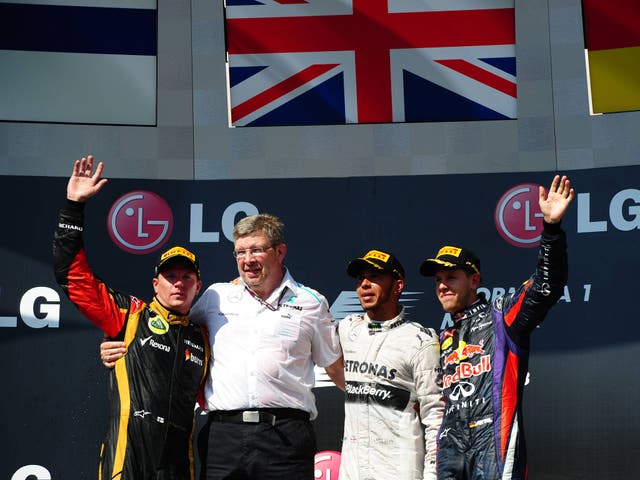 Ross Brawn with Kimi Raikkonen, Lewis Hamilton and Red Bull driver Sebastian Vettel 