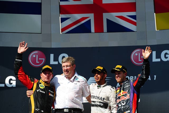 Ross Brawn with Kimi Raikkonen, Lewis Hamilton and Red Bull driver Sebastian Vettel 