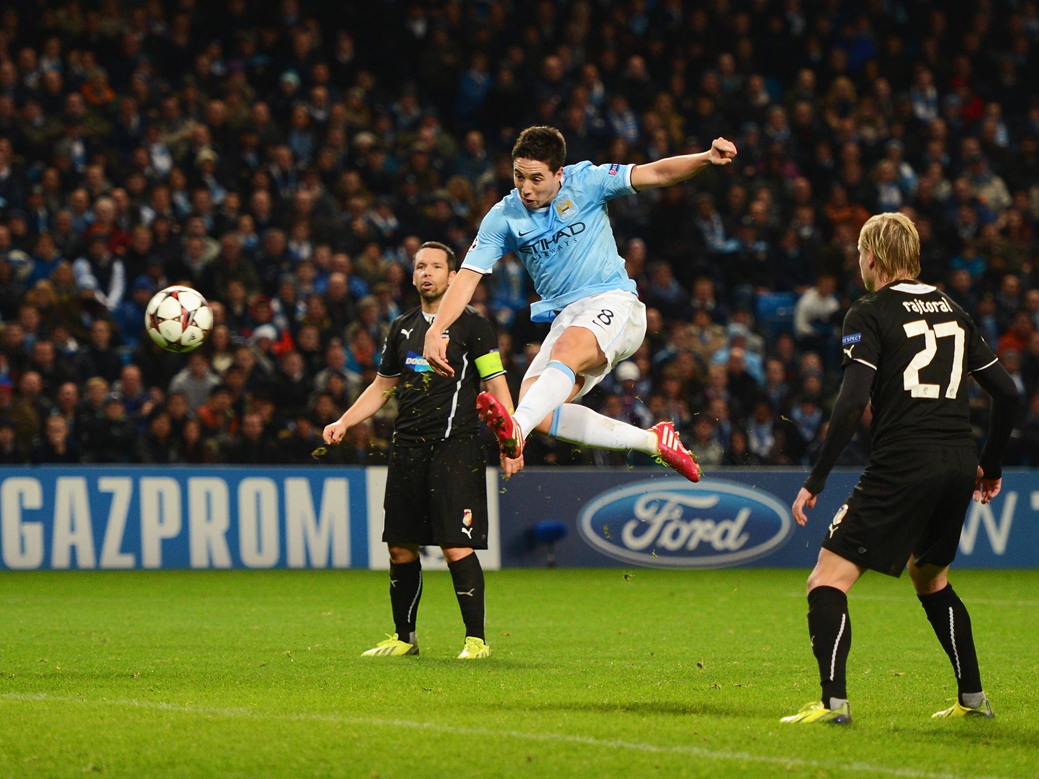 Samir Nasri of Manchester City scores his team's second goal during the UEFA Champions League Group D match between Manchester City and FC Viktoria Plzen