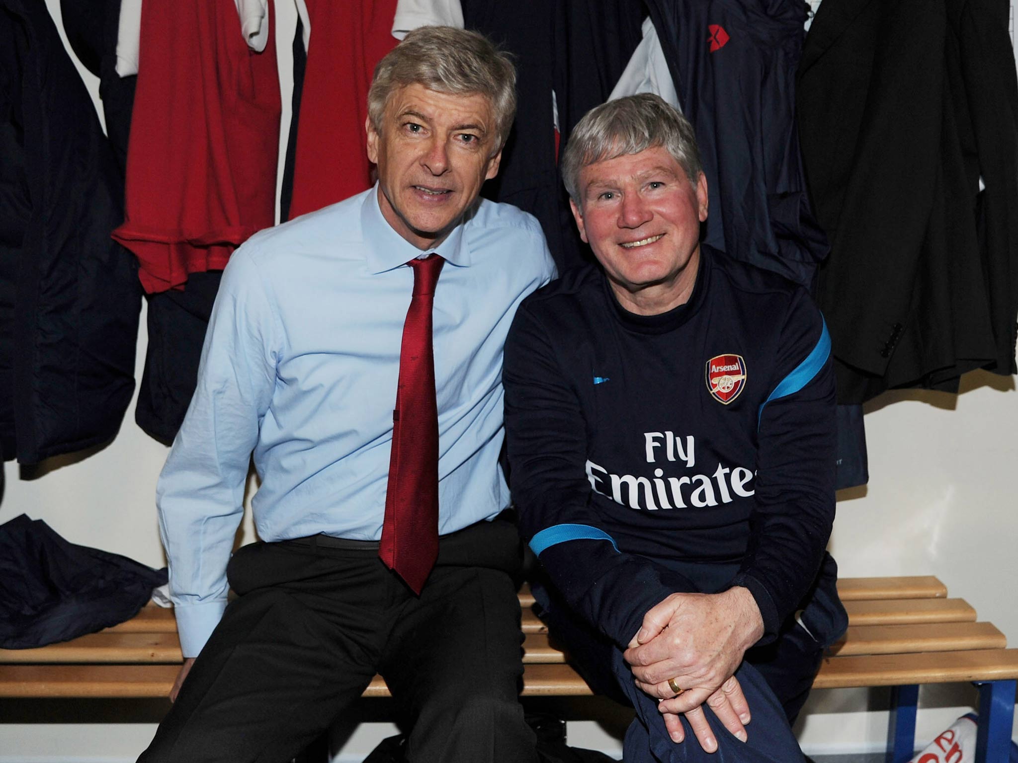 Arsenal manager Arsene Wenger poses with Pat Rice after his last match as assistant manager