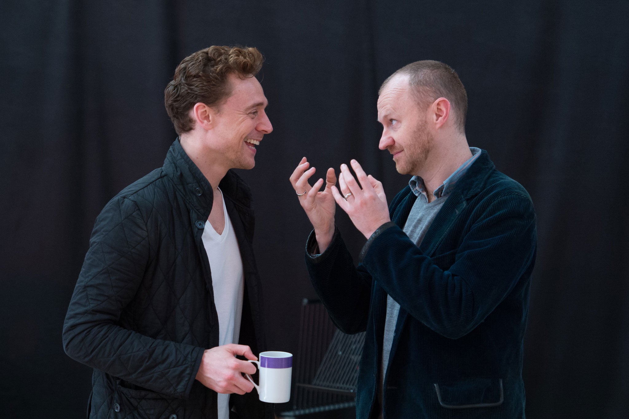 Gatiss in rehearsal for 'Coriolanus', with Tom Hiddleston