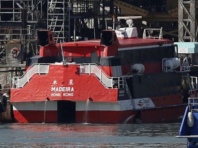 The high-speed ferry Madeira is docked at a shipyard after hitting an unidentified object in Hong Kong