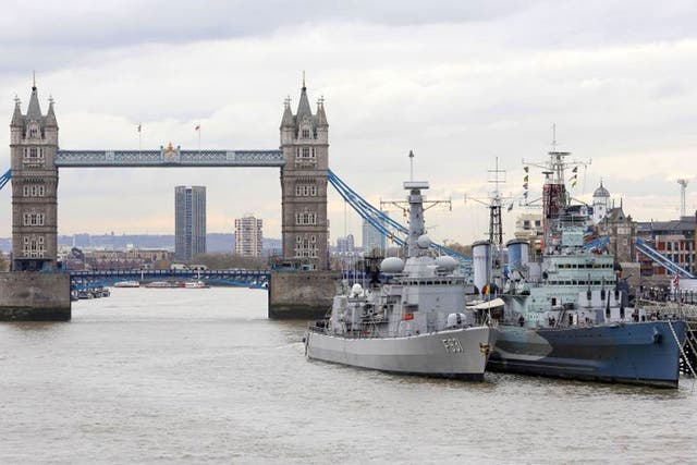 Belgian Frigate Louise Marie docked with the decommissioned light cruiser HMS Belfast in London