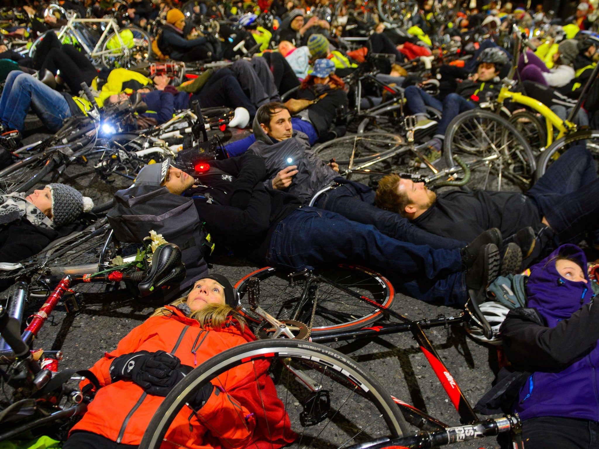 Cyclists took part in a 'die-in' protest in London