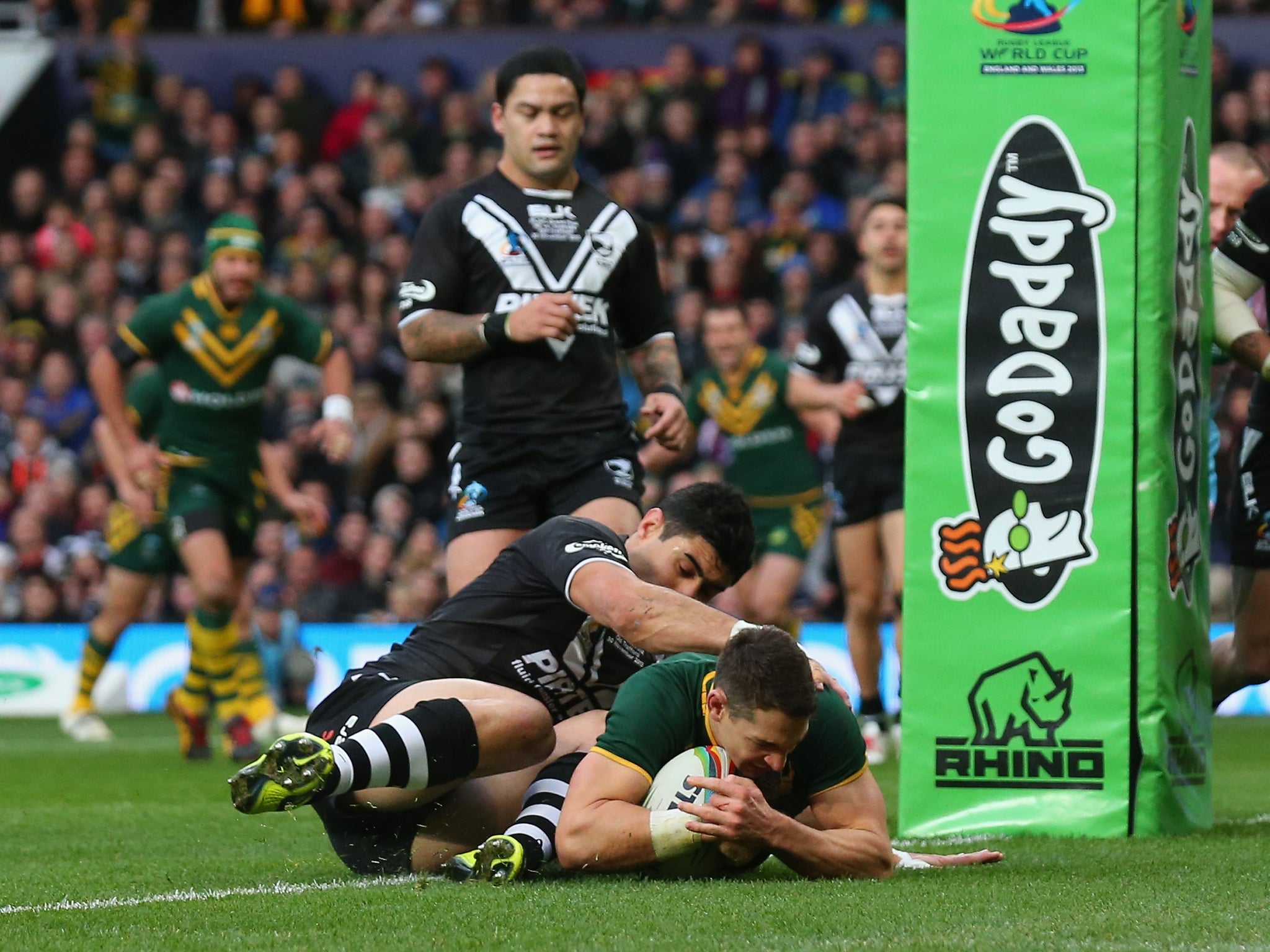 Billy Slater scores the opening try for Australia in their Rugby League World Cup final triumph over New Zealand