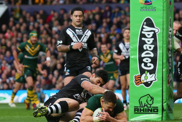 Billy Slater scores the opening try for Australia in their Rugby League World Cup final triumph over New Zealand