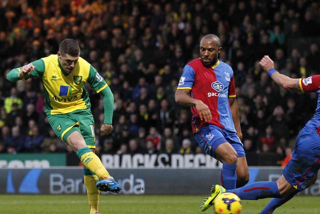 Norwich striker Gary Hooper puts Norwich ahead against Crystal Palace