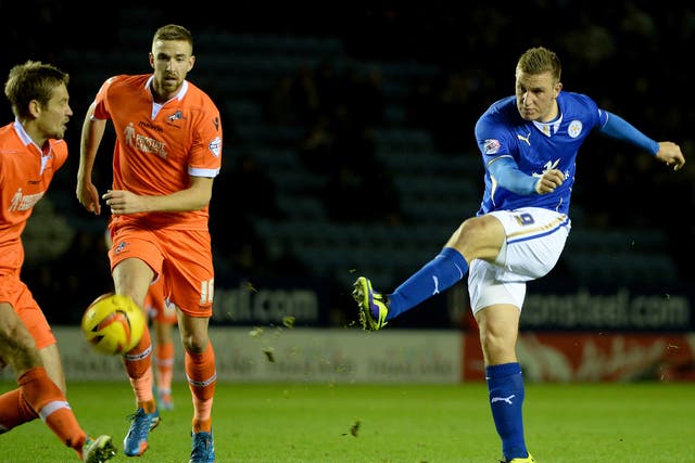 Chris Wood fires a shot at goal during Leicester's 3-0 win over Millwall