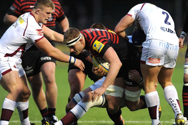 George Kruis of Saracens tries to break through the Sale defence on Saturday