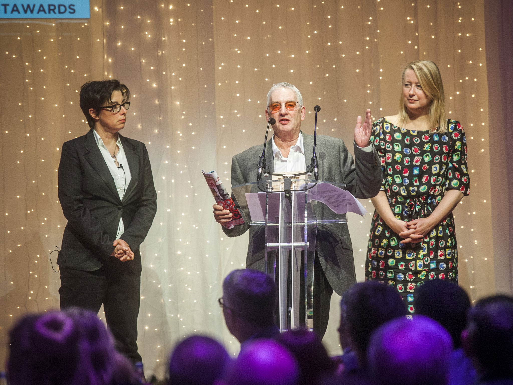 Enter-prize: Host Sue Perkins, left, Independent on Sunday editor Lisa Markwell, right, and Nigel Kershaw, winner of the category sponsored by The IoS