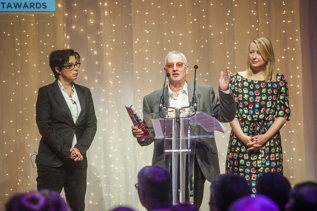 Enter-prize: Host Sue Perkins, left, Independent on Sunday editor Lisa Markwell, right, and Nigel Kershaw, winner of the category sponsored by The IoS
