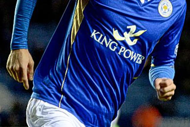 Jamie Vardy of Leicester celebrates after he scored against Millwall