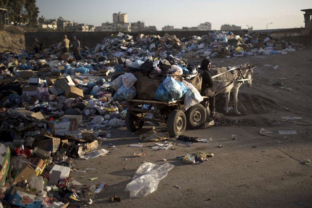 Palestinian workers in Gaza City use a donkey cart to collect the piles of rubbish due to the severe fuel shortage