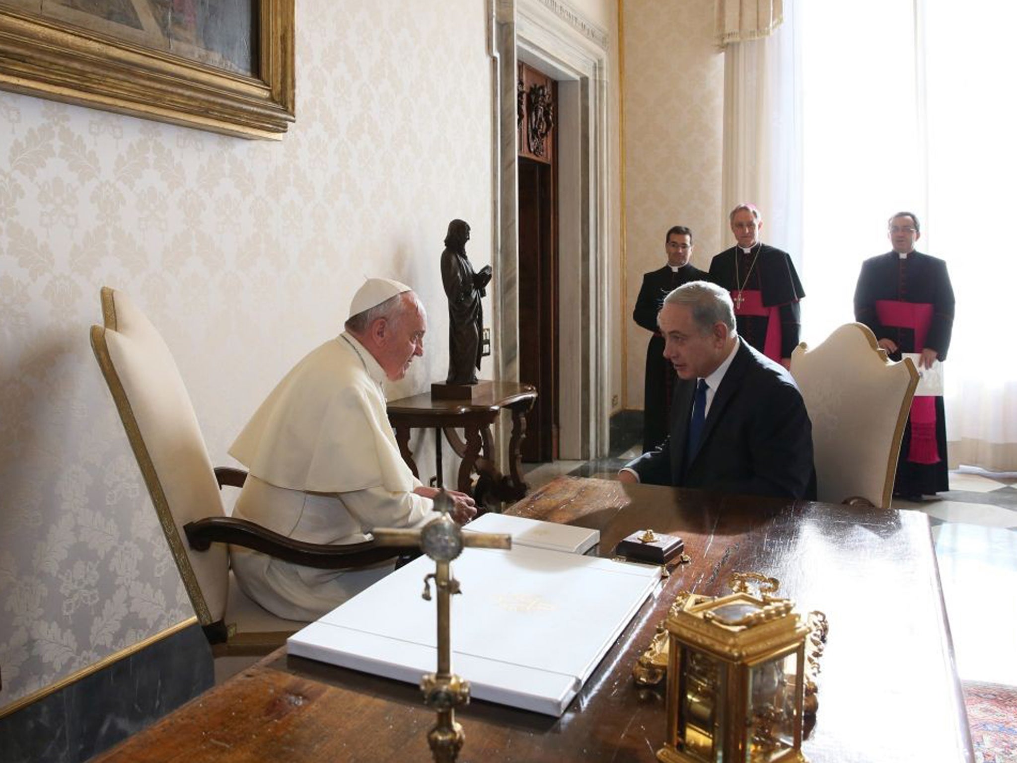 Pope Francis receives Israeli Prime Minister Benjamin Netanyahu in a private audience at his library
