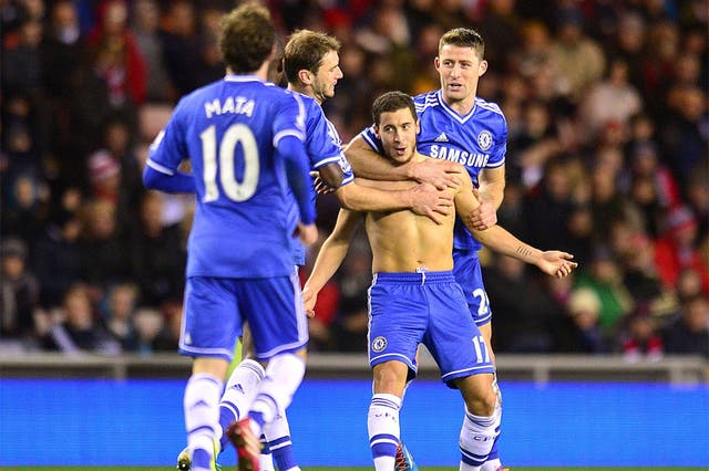 Eden Hazard scored twice for Chelsea but was booked for this celebration