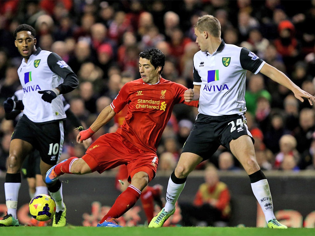 Suarez smashes in his hat-trick goal