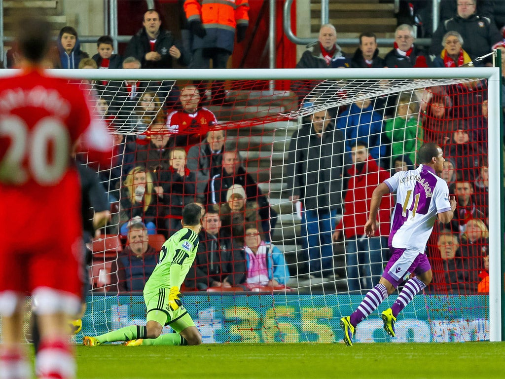 Southampton keeper Paulo Gazzaniga watches Gabriel Agbonlahor's finish hit the back of the net
