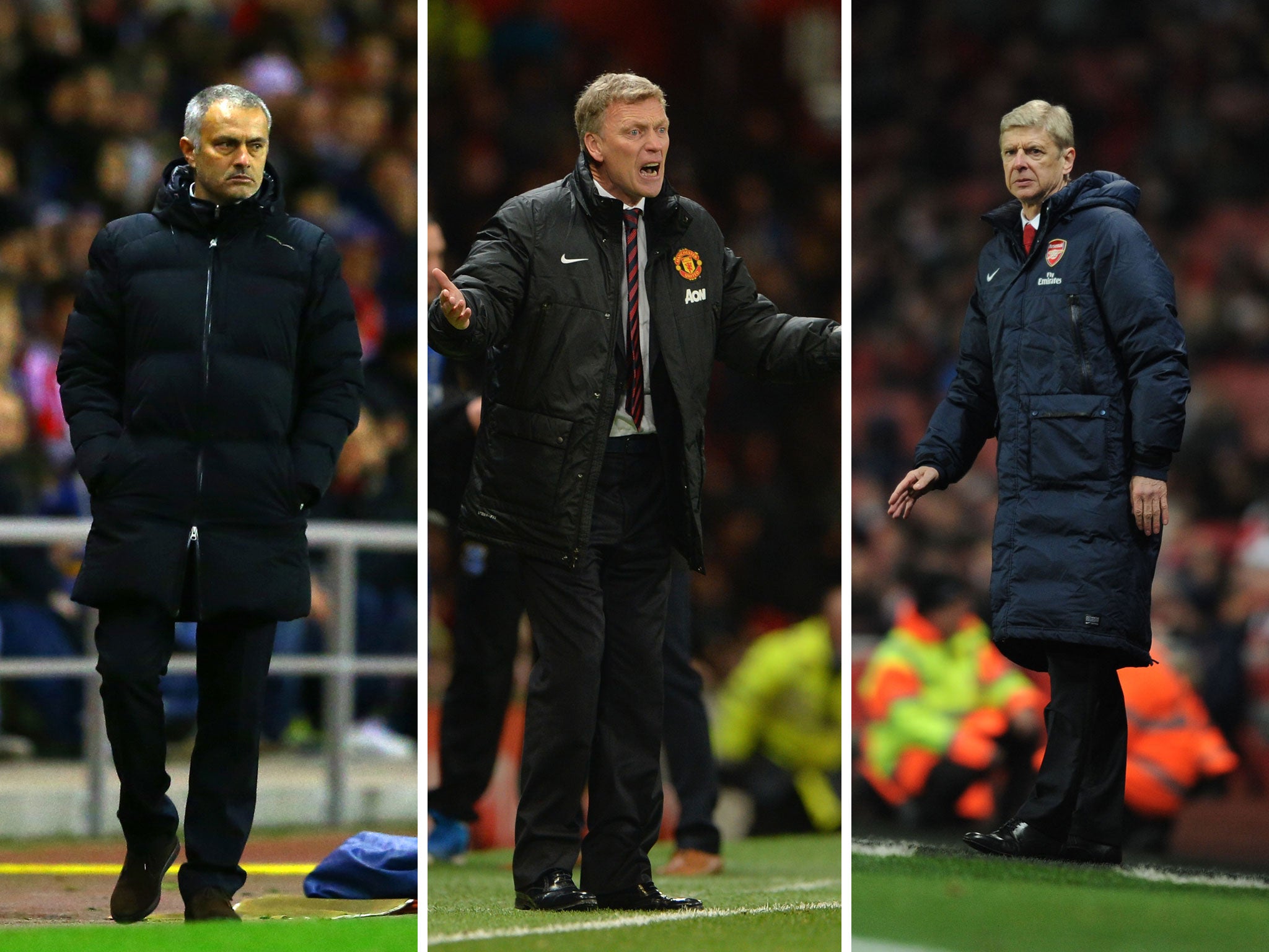 Jose Mourinho (L) and Arsene Wenger (R) have refused to rule out David Moyes' (C) Manchester United out of the title race