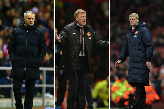 Jose Mourinho (L) and Arsene Wenger (R) have refused to rule out David Moyes' (C) Manchester United out of the title race