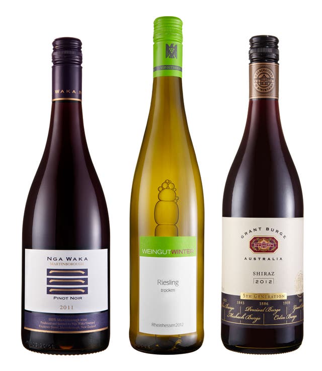 2011 Nga Waka Pinot Noir, Martinborough; 2012 Shiraz, 5th Generation, Grant Burge, Barossa Valley; 2012 Stefan Winter Riesling Trocken, Rheinhessen