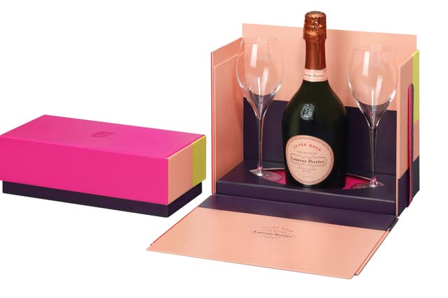 <p>1. Laurent-Perrier Cuvée Rosé
and glasses set</p>
<p>As if the bottle and the
prospect of exceptional pink champagne wasn&#x2019;t charming enough, then this
edition of Laurent Perrier Rosé will really wow its recipient with two oenological champagne glasses
and a decorative gift box. If you don&#x2019;t decide to keep it for yourself that is&#x2026;</p>
<p>£85,
<a target="_blank" href="http://www.johnlewis.com/laurent-perrier-cuvee-rose-and-glasses-set-75cl/p511335">johnlewis.com</a></p>