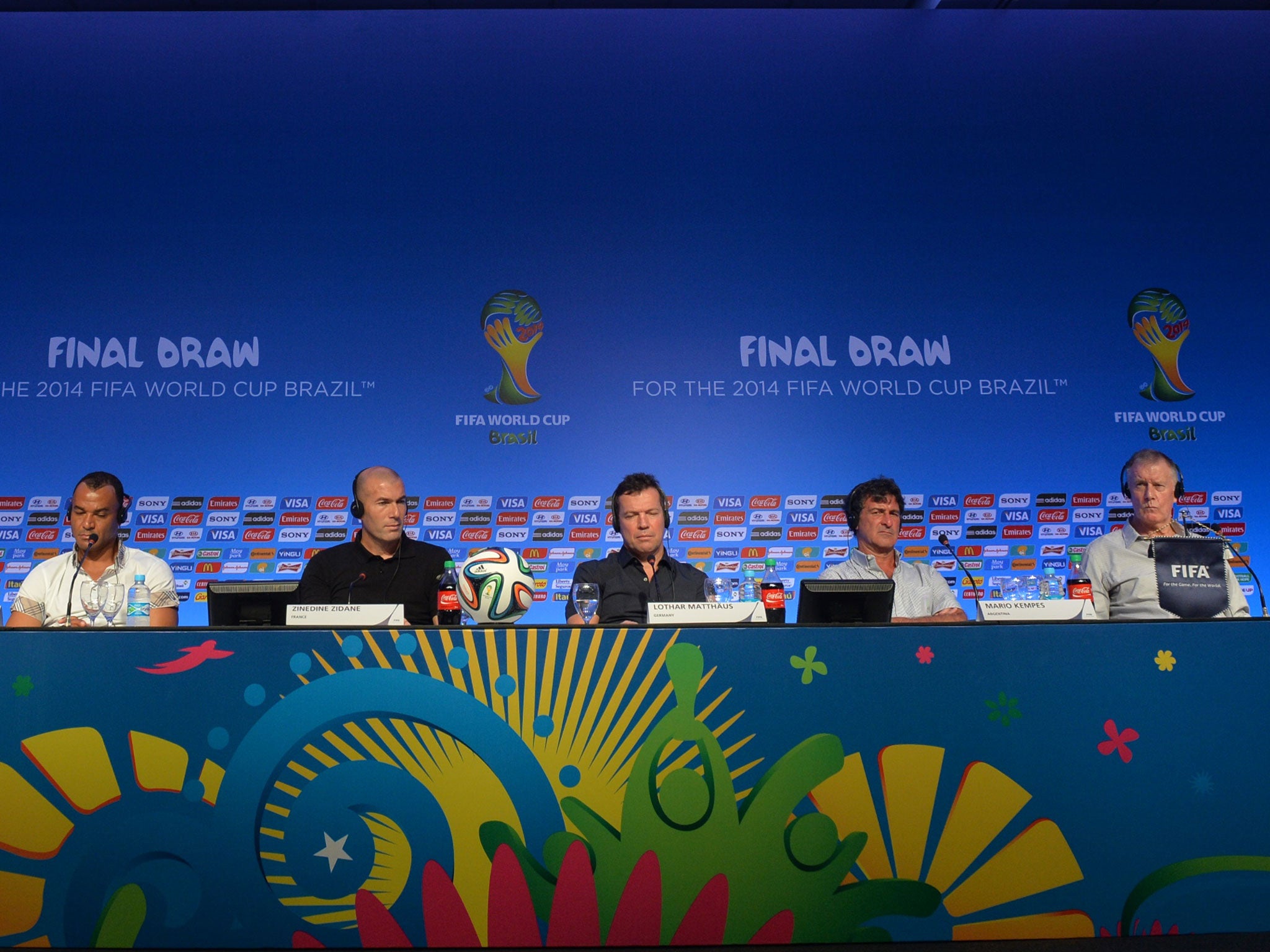 (L-R) Brazilian Cafu, Frenchman Zinedine Zidane, German Lothar Matthaus, Argentinian Mario Kempes and Englishman Sir Geoff Hurst will assist the real Group Stage draw