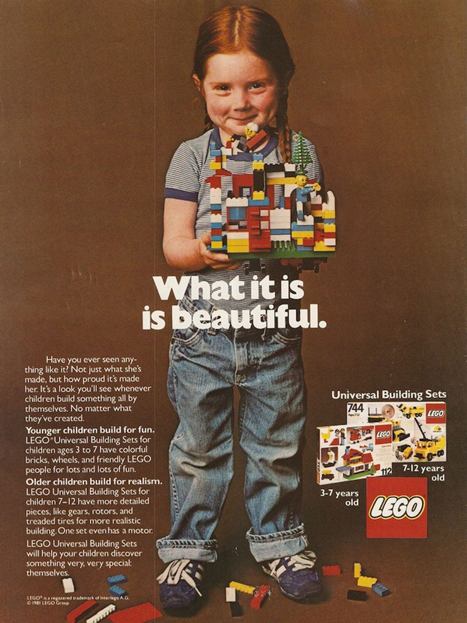 Lego's 1970s ads featured a girl in dungarees holding up what she's made