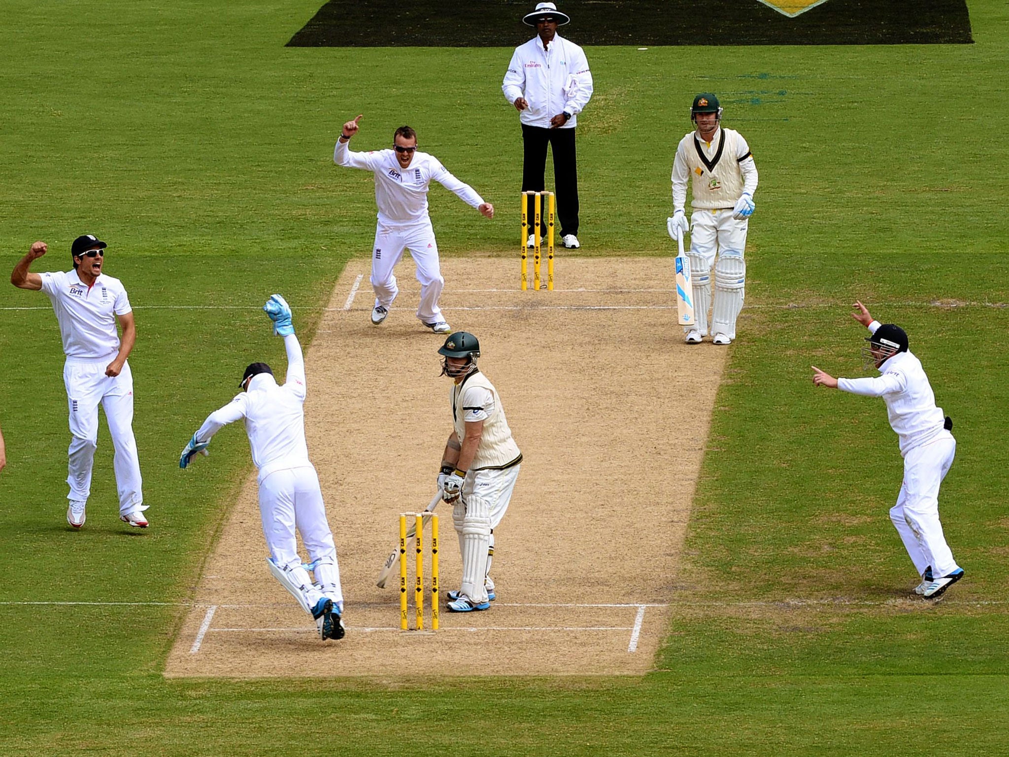 Monty Panesar bowls Steve Smith on the first day of the second Test in Adelaide
