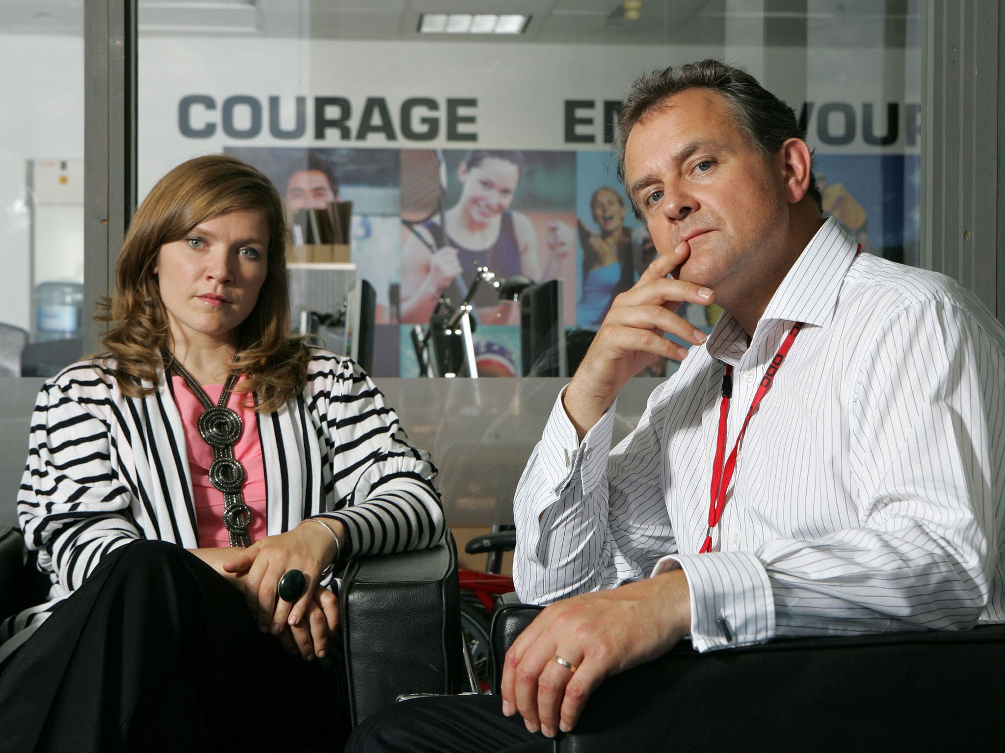 Jessica Hynes and Hugh Bonneville in W1A