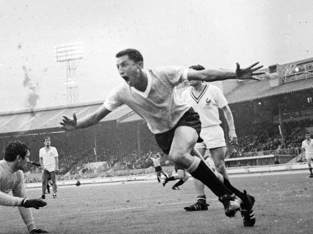 Rocha turns away after scoring for Uruguay in the 2-1 win over France at White City during the 1966 World Cup group stage