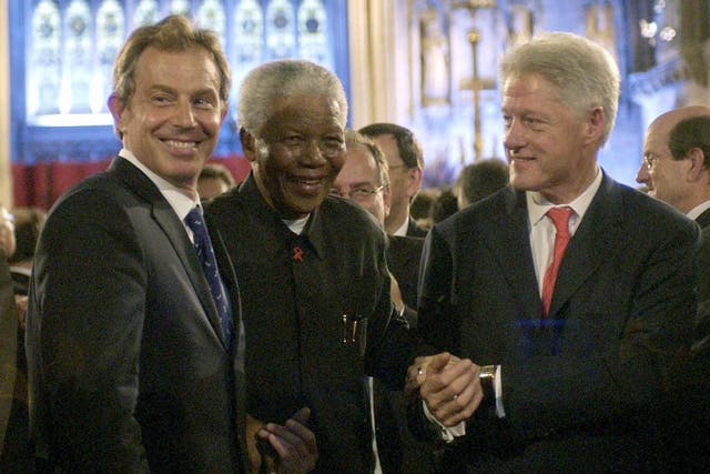 Tony Blair, Nelson Mandela and Bill Clinton in July 2003 