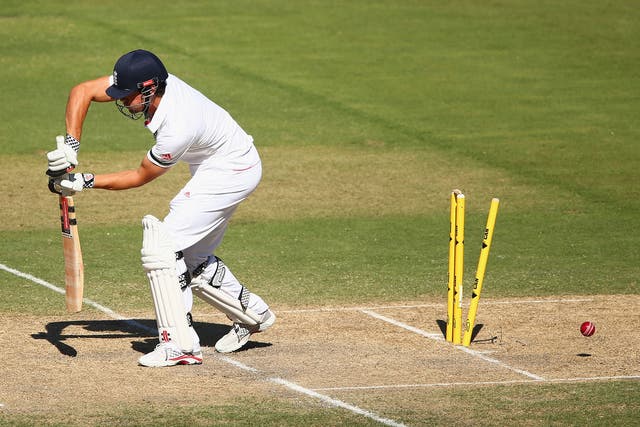 Alastair Cook is bowled by Mitchell Johnson in the Second Test of the Ashes series