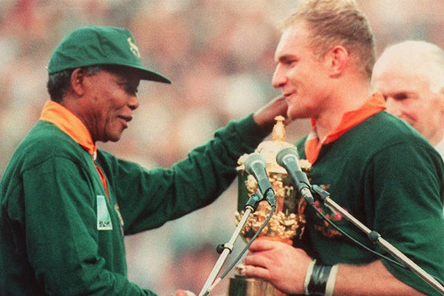Francois Pienaar and Nelson Mandela after South Africa won the 1995 Rugby World Cup