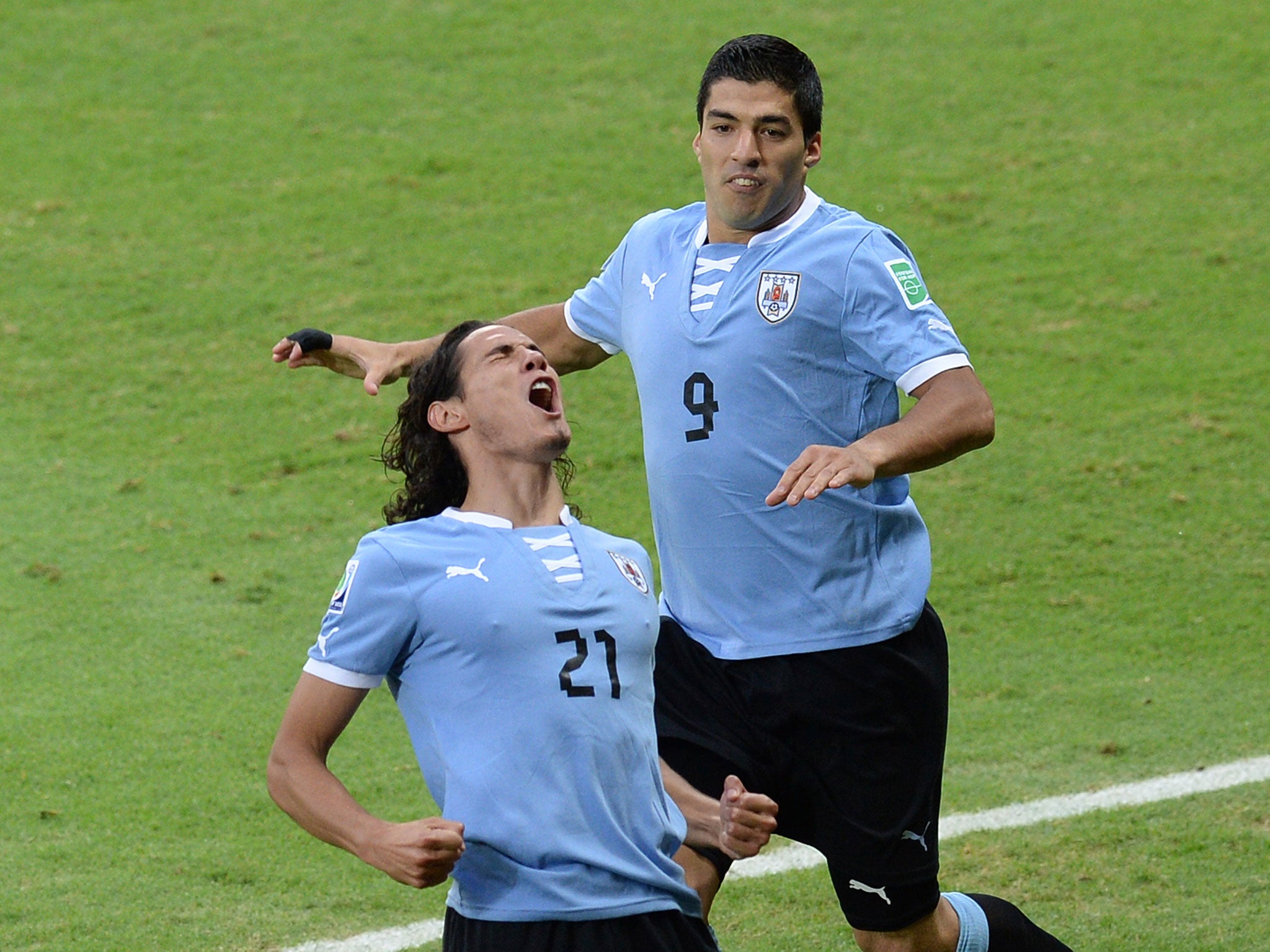 Edinson Cavani and Luis Suarez celebrate after the former scores for Uruguay