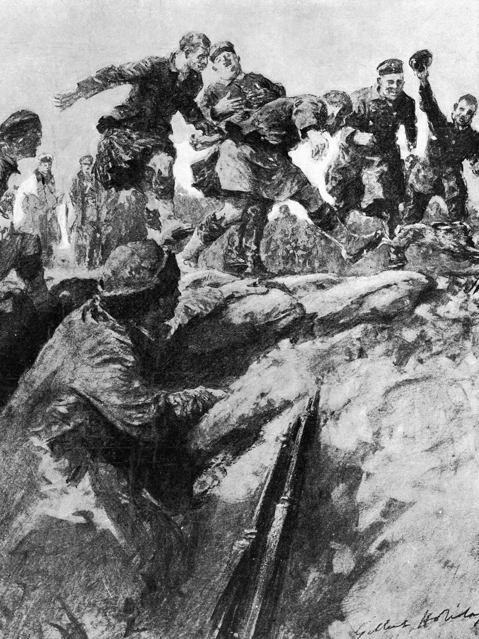Detail of 'Christmas Truce in the Trenches : Friend and Foe Join in a Hare Hunt' by Gilbert Holliday, drawn from a description by an eye witness rifleman