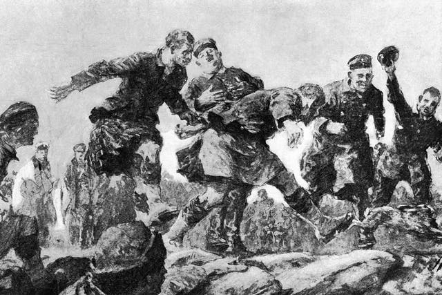 Detail of 'Christmas Truce in the Trenches : Friend and Foe Join in a Hare Hunt' by Gilbert Holliday, drawn from a description by an eye witness rifleman