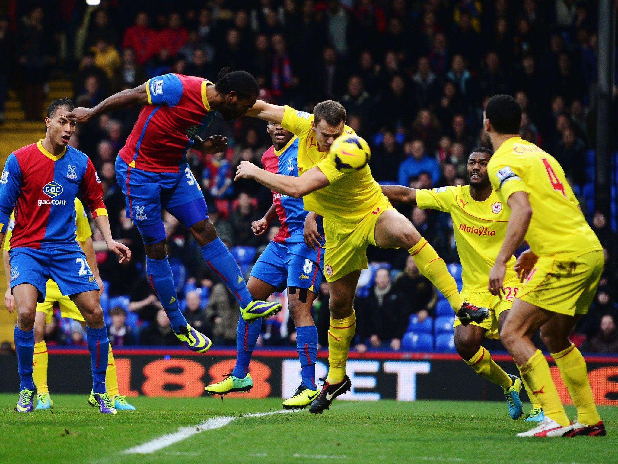 Cameron Jerome of Crystal Palace scores with his head